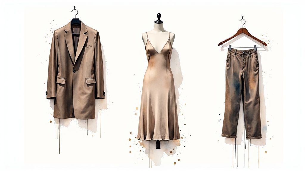 A curated rack of essential women's clothing items like blazers and trousers.