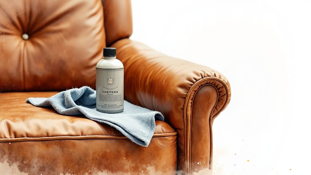 A person gently wiping a full grain leather recliner sofa with a soft cloth.