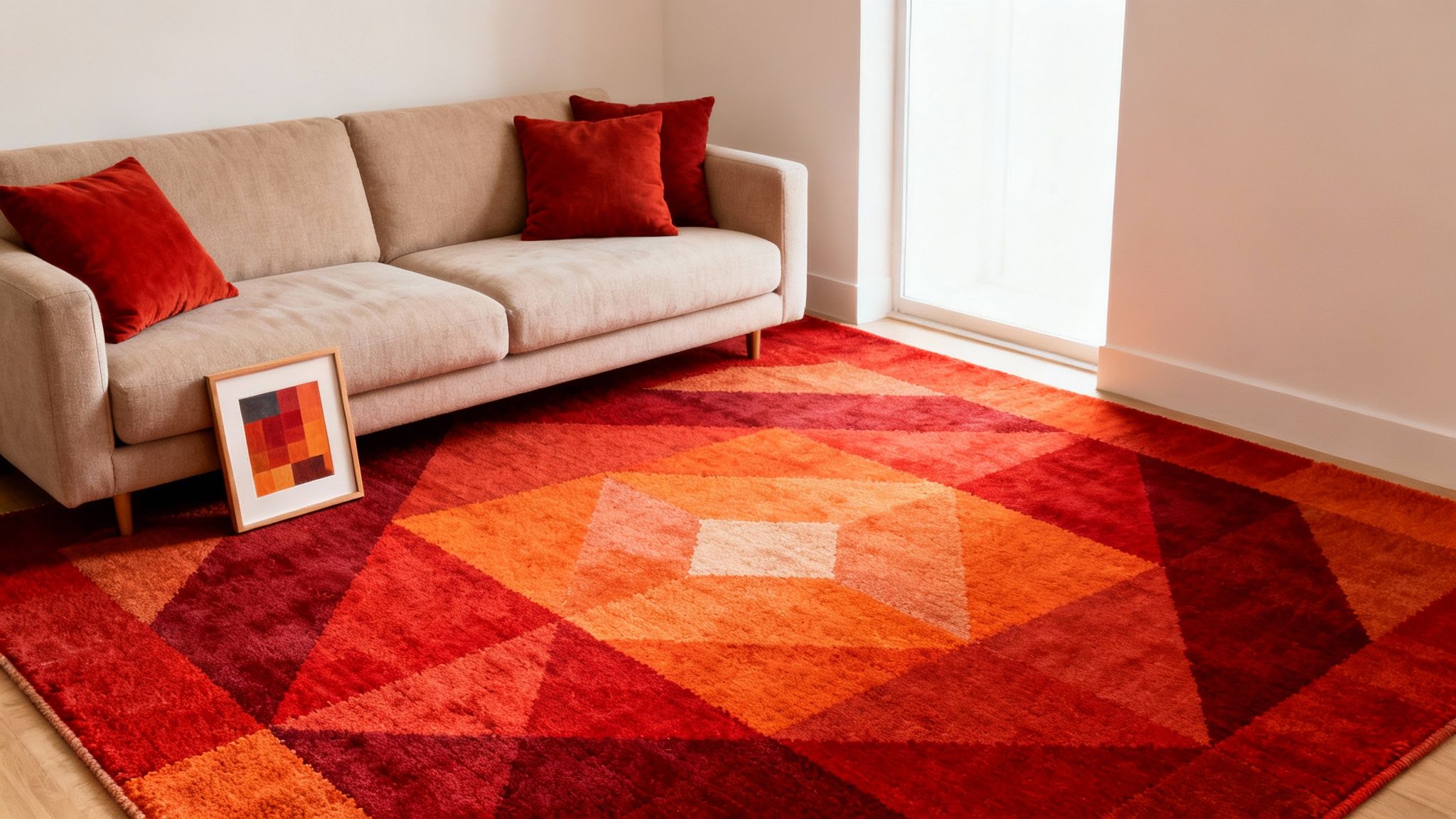 A cozy living room featuring a neutral sofa, red pillows, and a striking geometric rug.