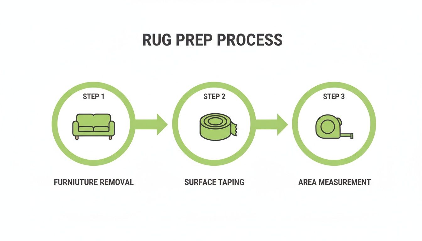 Infographic showing a 3-step rug prep process: furniture removal, surface taping, and area measurement.