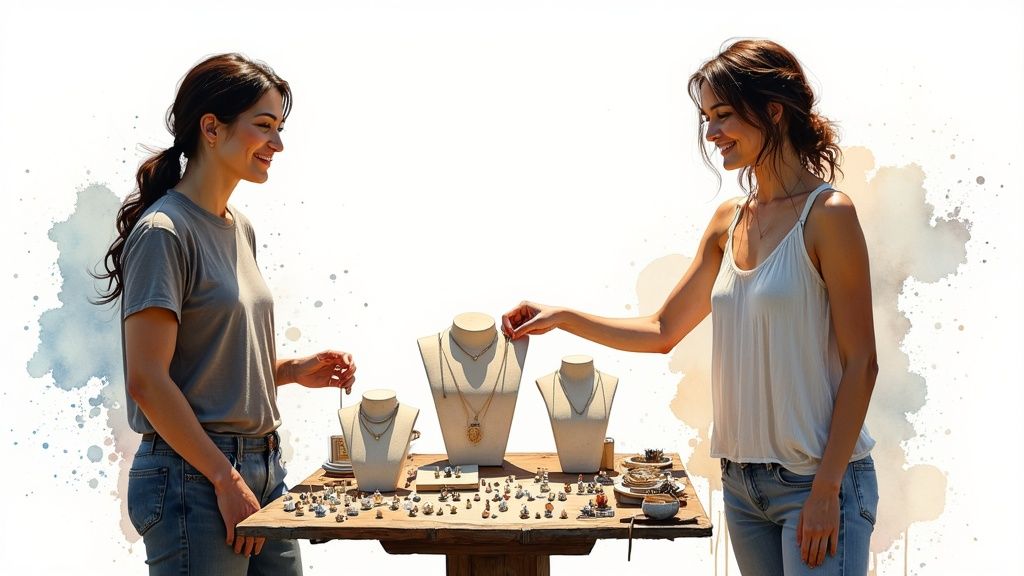 A local artisan market stall filled with handmade jewelry displays under a white tent.