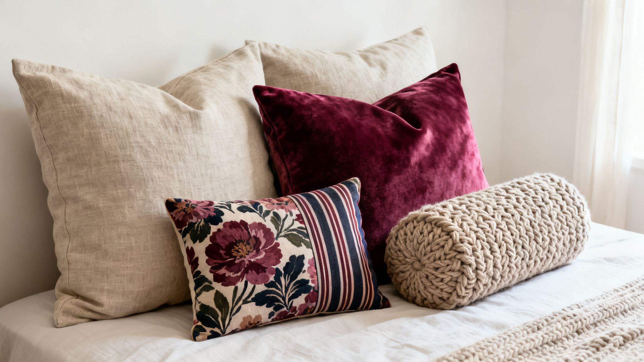 A cozy bed styled with a variety of decorative pillows in linen, velvet, floral, and knitted textures.