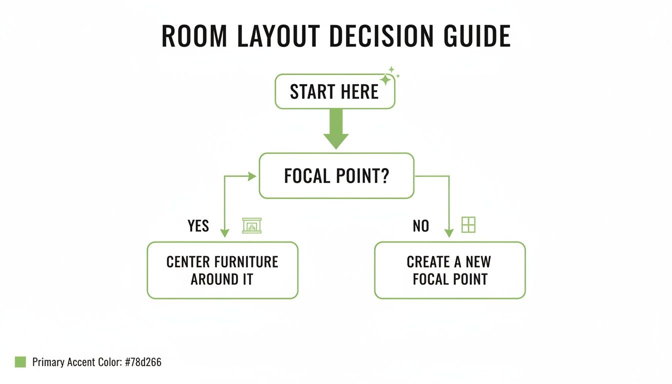 A green flowchart illustrating a room layout decision guide for interior design decisions.