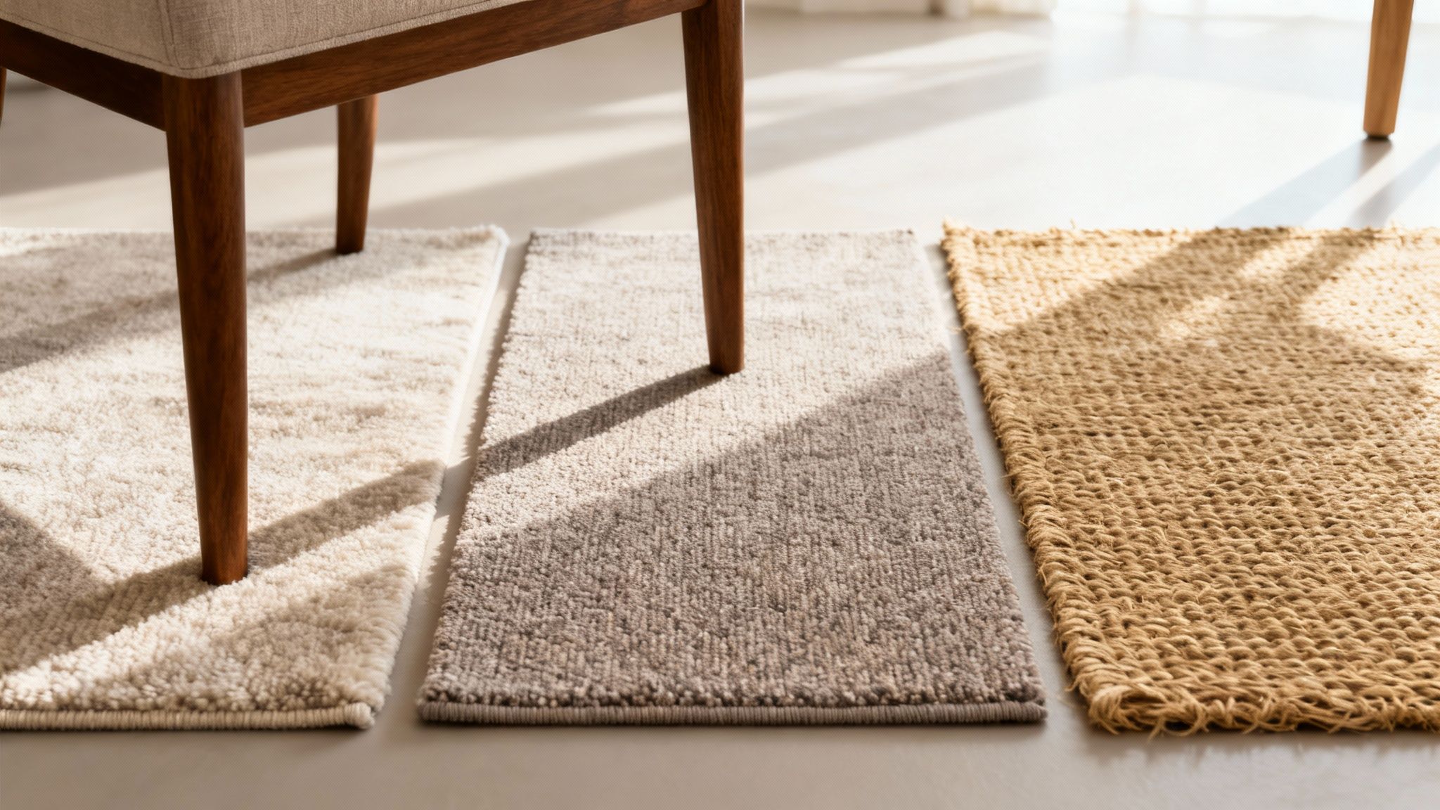 Three rug samples in cream, grey, and jute textures on a floor, with a chair leg.