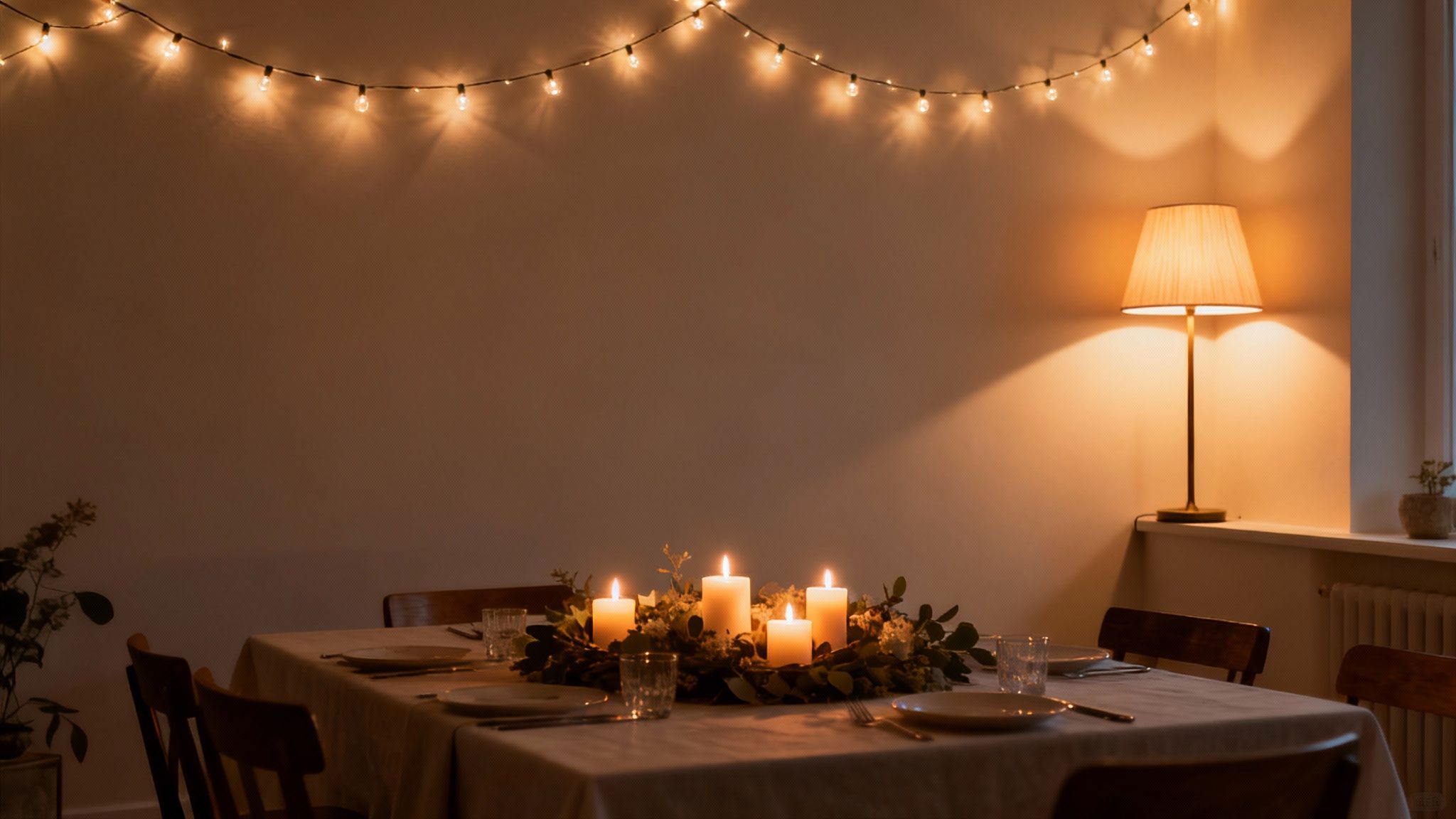 Elegant dinner table with glowing candles, string lights, and warm lamp creating intimate party atmosphere
