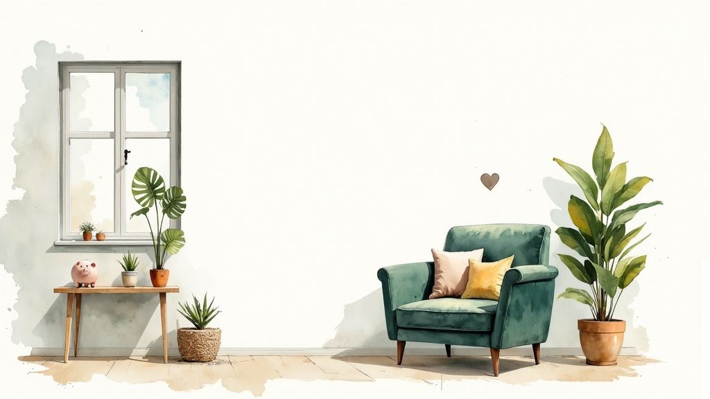 A comfortable and healthy living room featuring green, sustainable furniture.