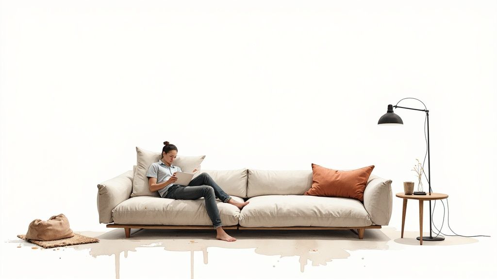 A spacious living room with neutral-toned contemporary furniture, clean lines, and large windows