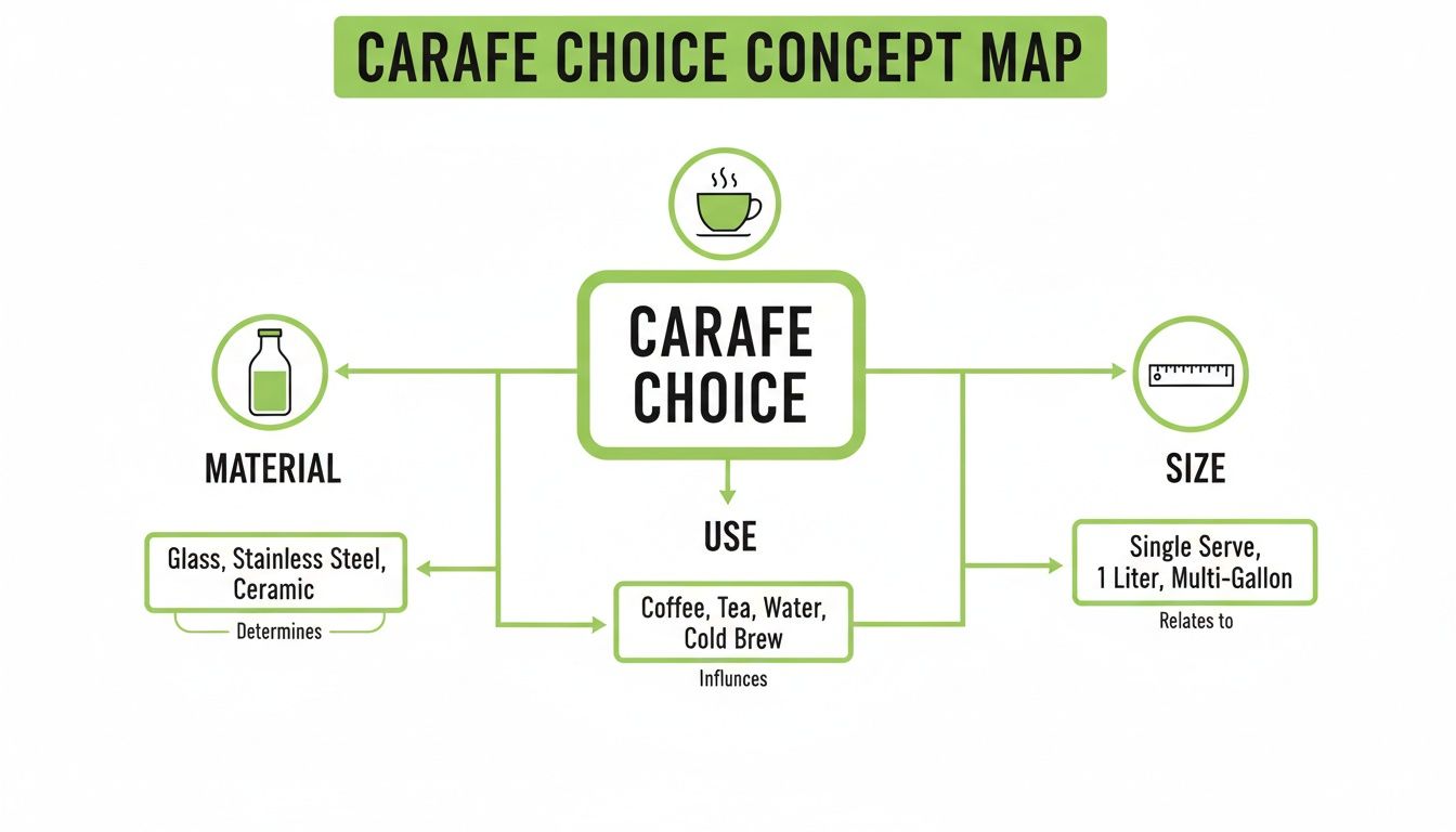 A concept map detailing carafe choices, considering material, use, and size categories for selection.