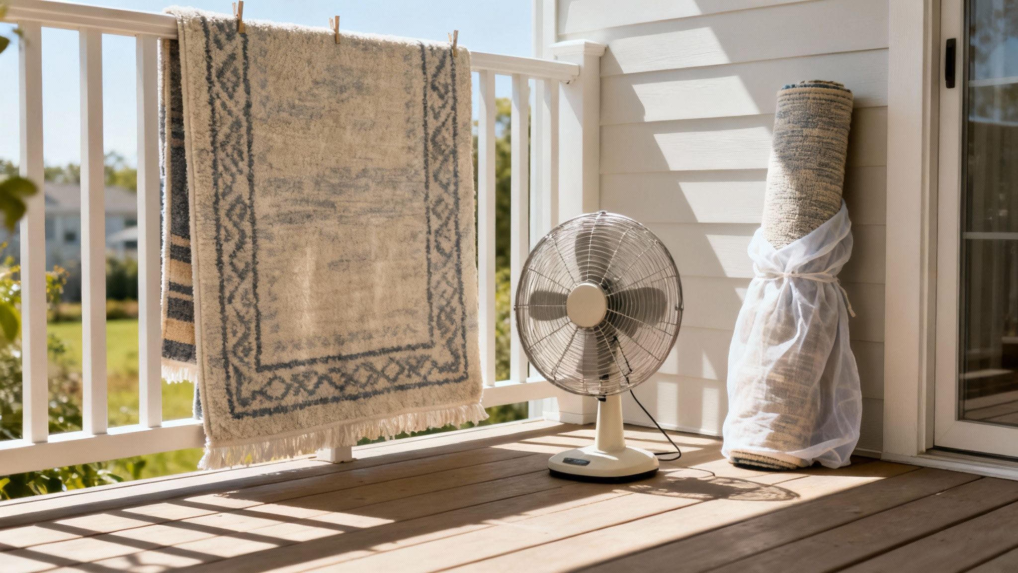 A freshly cleaned indoor-outdoor rug hanging over a wooden deck railing to dry in the sun.