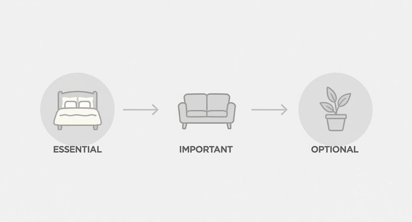 A visual hierarchy illustrating essential (bed), important (sofa), and optional (plant) home furnishings.