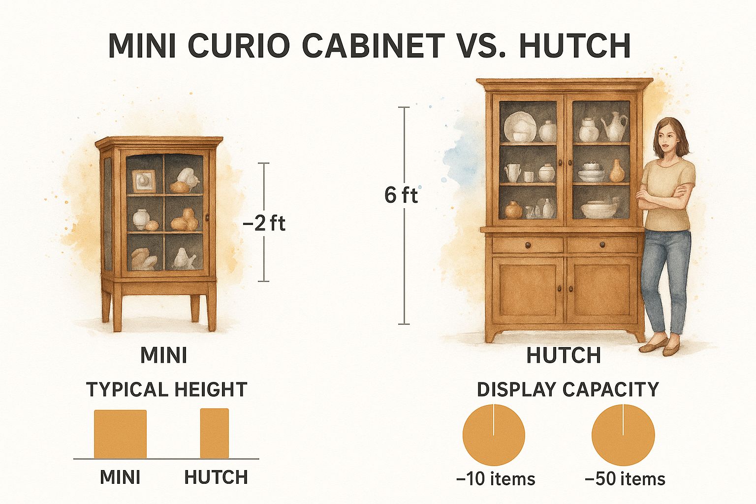 Infographic comparing a mini curio cabinet with a traditional hutch, showing height and item capacity