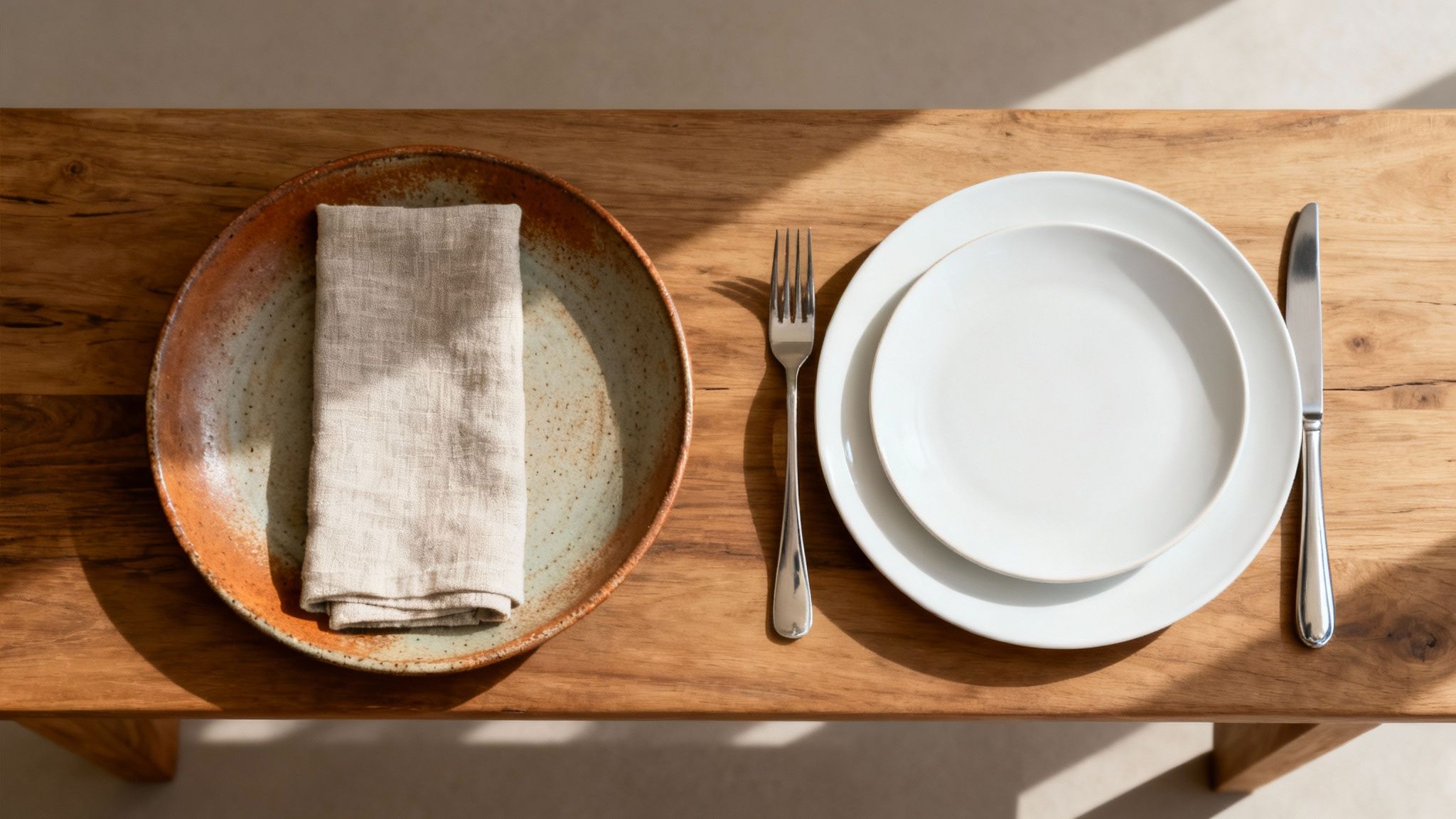 Overhead view of a wooden table set with rustic and modern dinnerware, bathed in sunlight.
