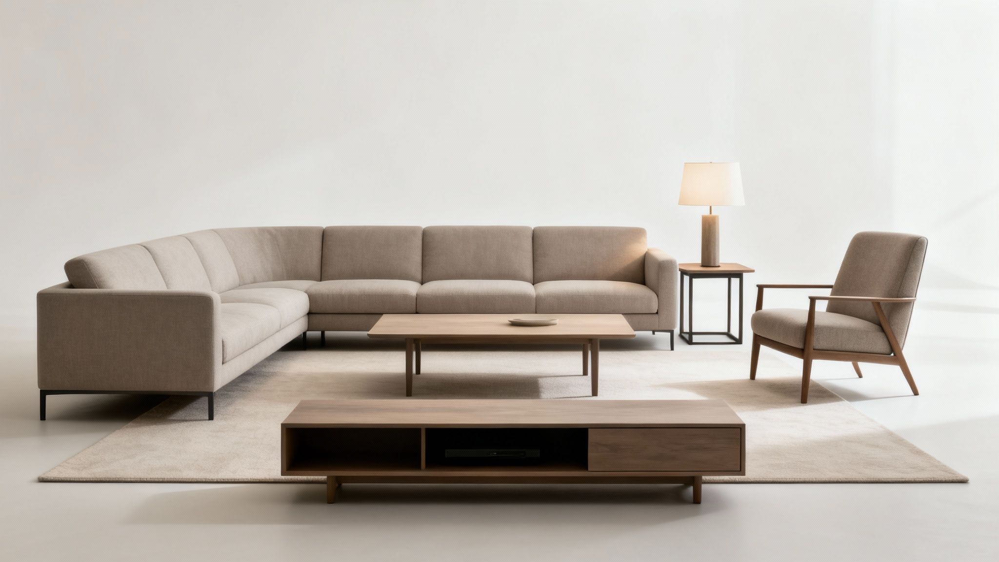 A stylish modern living room with a beige sectional sofa, wooden coffee table, and armchair.