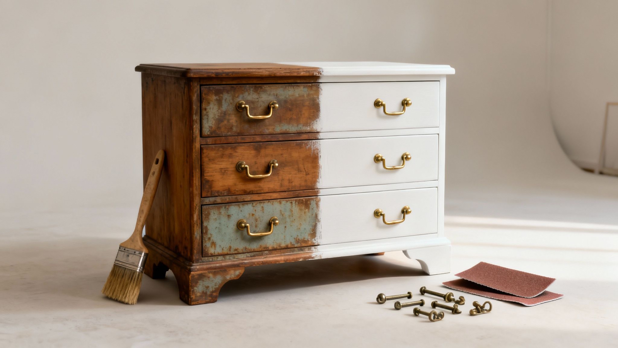 A rustic wooden dresser, half-painted white, with a paintbrush, drawer pulls, and sandpaper.