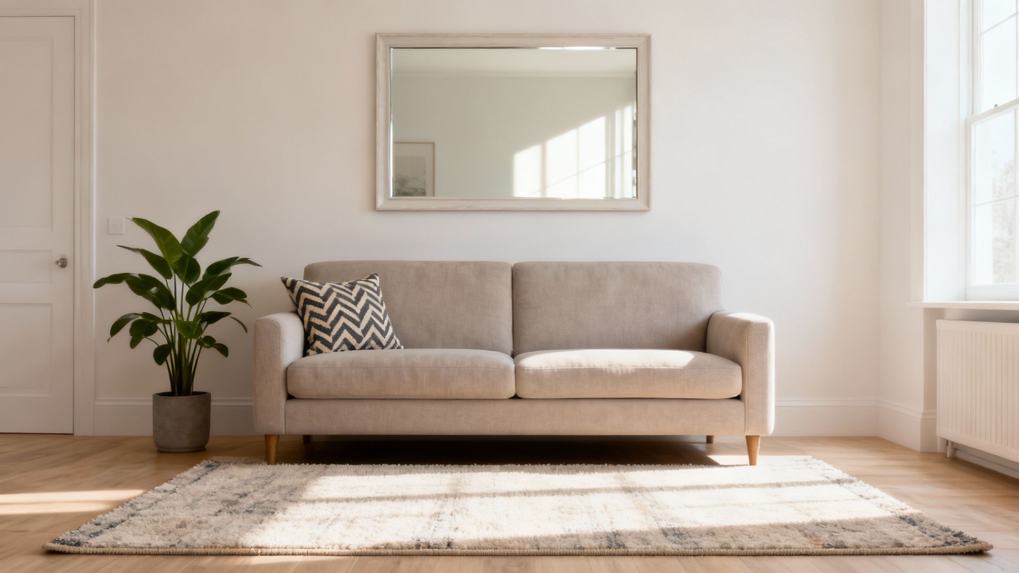 Bright living room with a beige sofa, potted plant, and mirror, bathed in natural light.