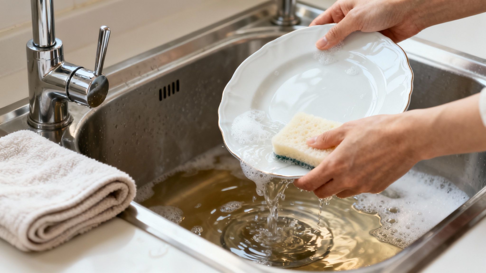 Hands washing a white dinner plate with a sponge in a kitchen sink with soapy water.