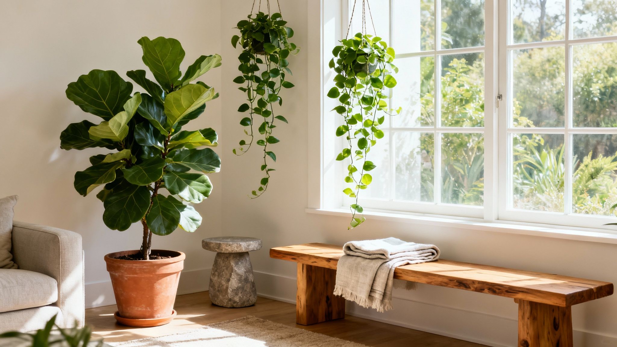 Sunny living room featuring a large potted plant, hanging greenery, and a wooden bench near a window.