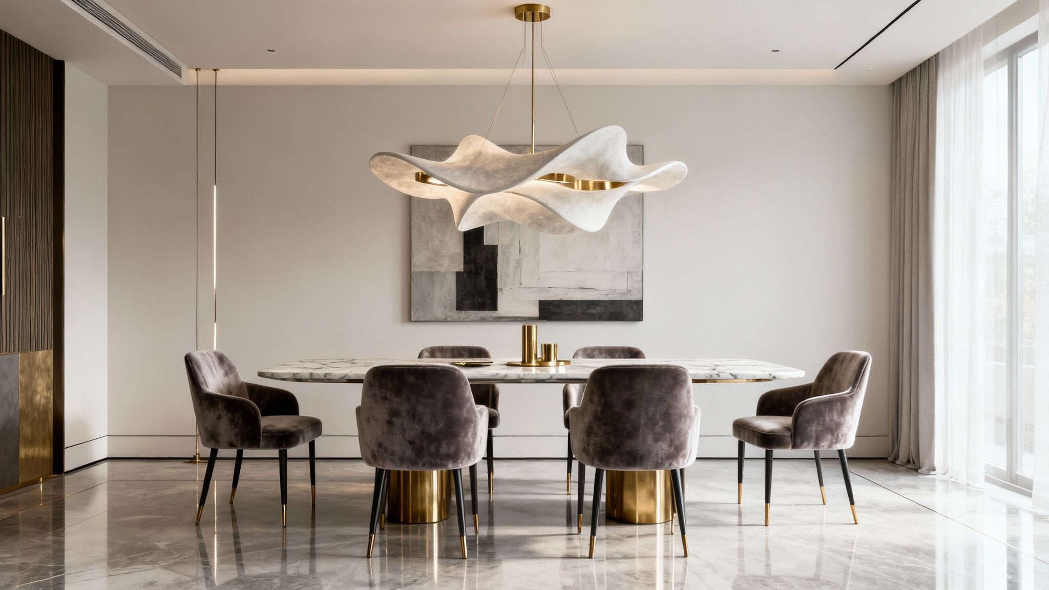 Luxurious modern dining room with marble table, velvet chairs, sculptural chandelier, and abstract art