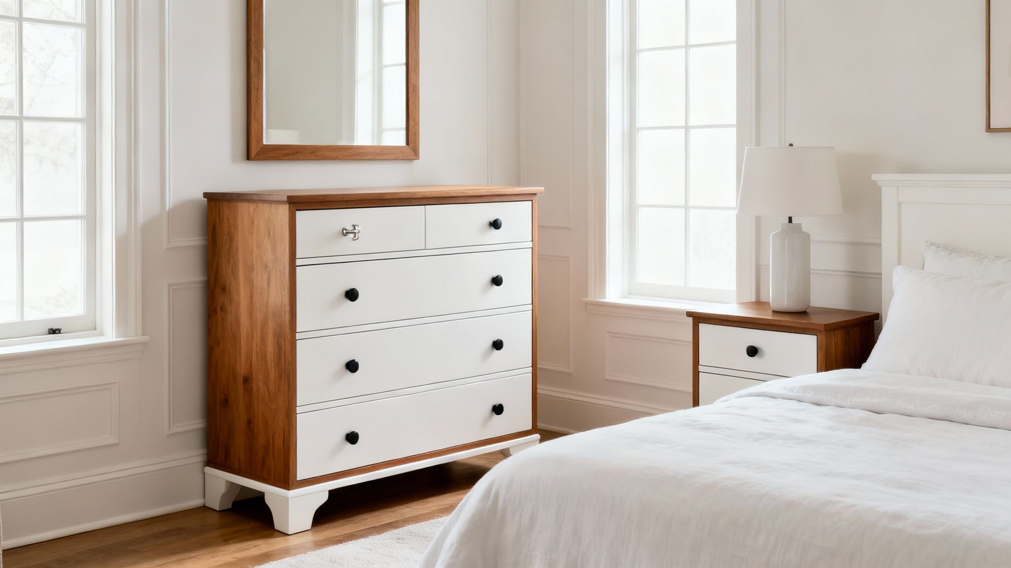 A transitional style bedroom featuring a two-tone dresser, a mirror, a bed with a nightstand and a lamp.