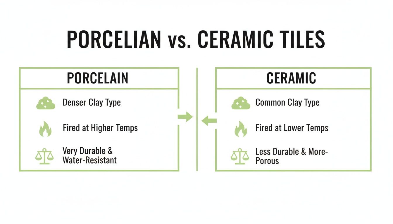 An infographic comparing porcelain and ceramic tiles, highlighting differences in clay type, firing temperature, durability, and water resistance.
