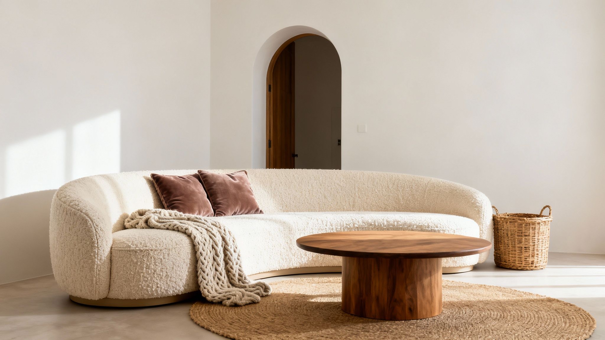 Stylish living room with a curved cream sofa, velvet cushions, wooden coffee table, and jute rug.
