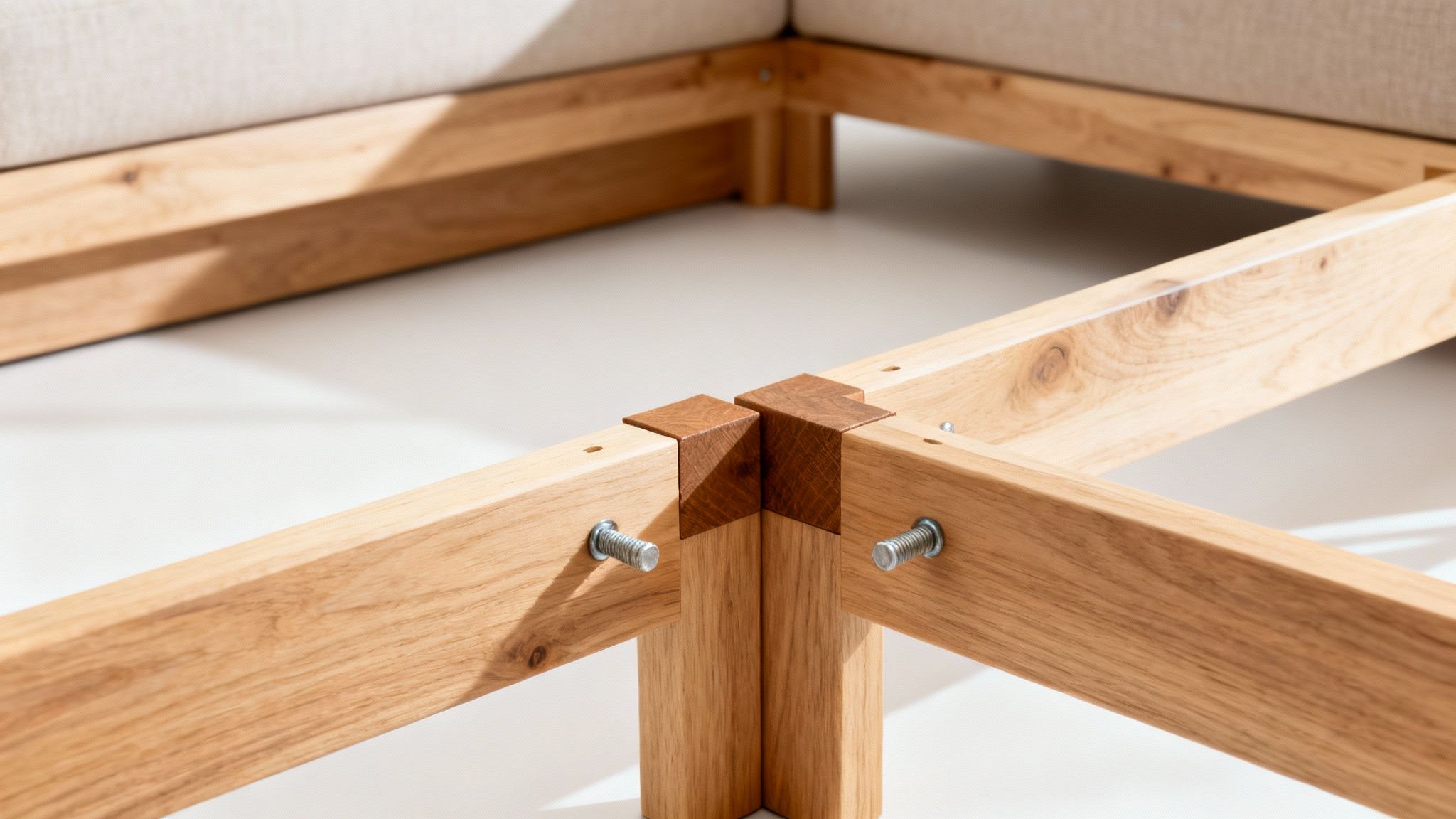 Close-up of a well-crafted wooden furniture frame with sturdy corner joints and bolts.