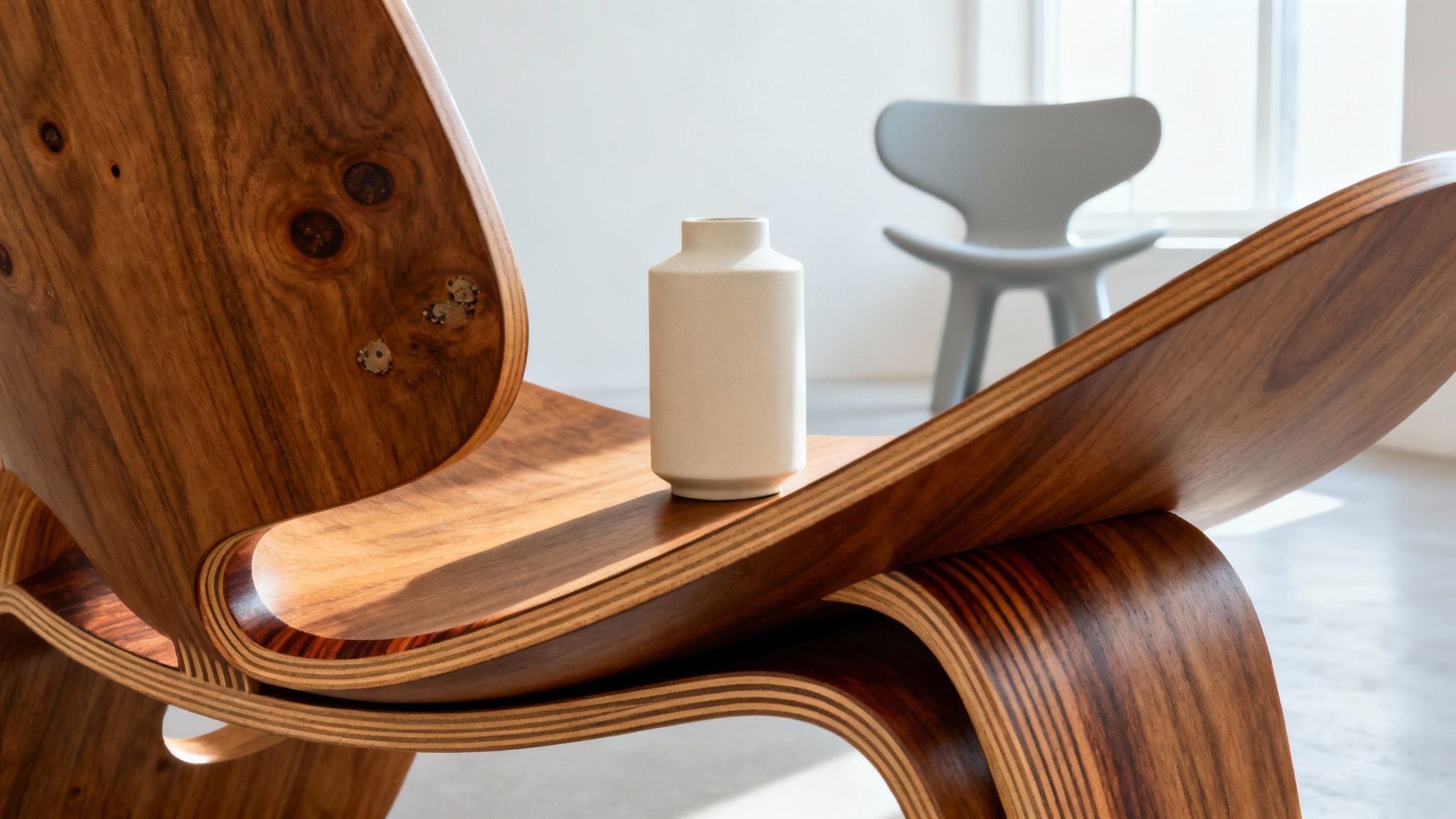 A sculptural midβcentury modern lounge chair crafted from curved plywood, paired with a minimalist ceramic vase resting on its seat.