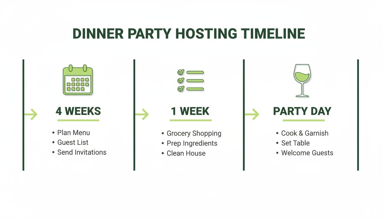 A visual timeline for hosting a dinner party, detailing tasks for 4 weeks, 1 week, and the party day.