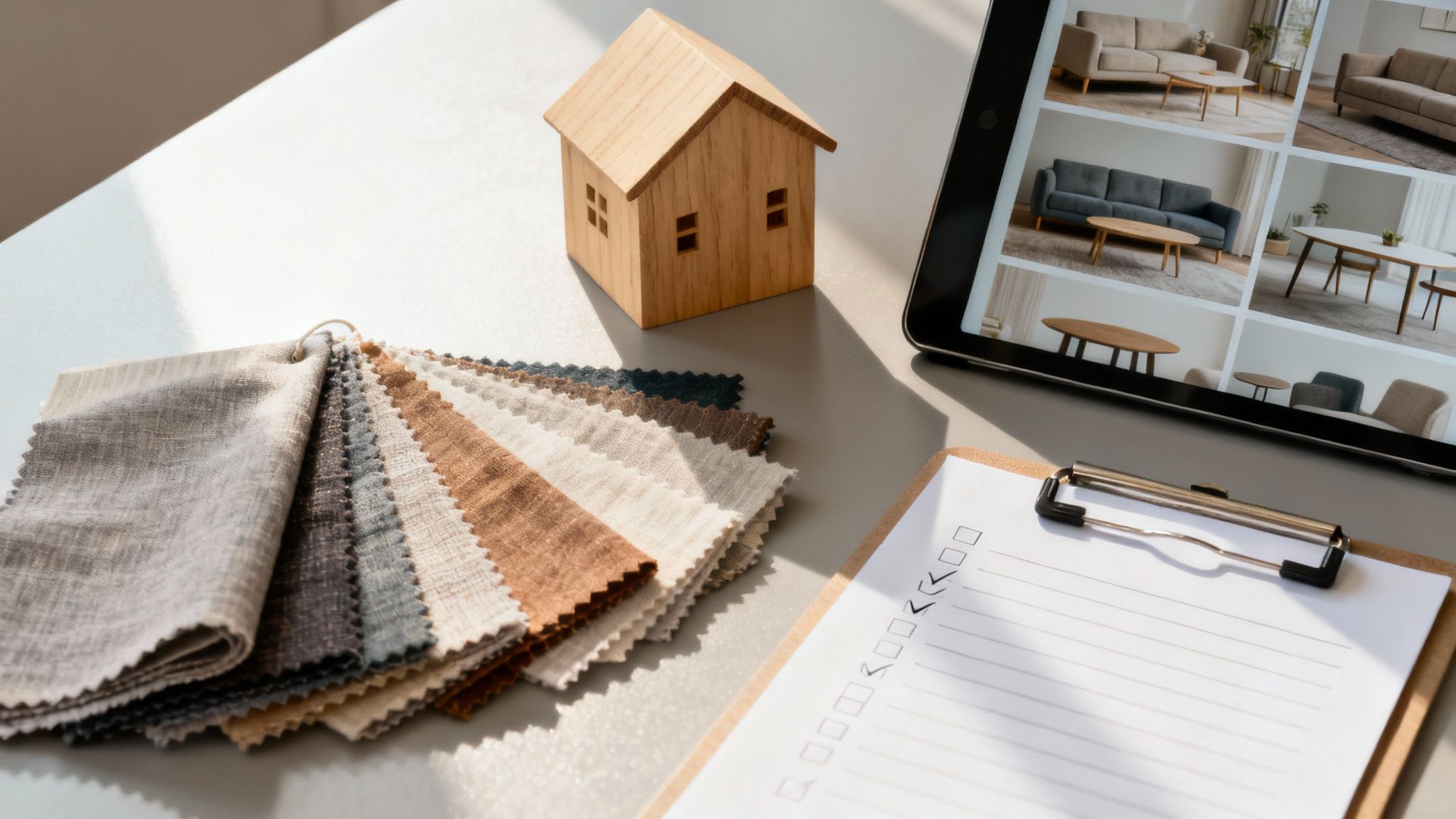 Interior design workspace with fabric samples, wooden house model, tablet showing furniture, and checklist