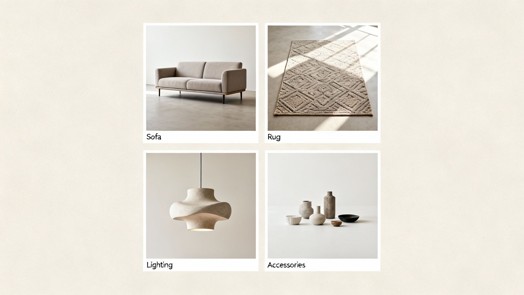 A collage of four modern home decor items: a beige sofa, a patterned rug, a unique pendant light, and decorative vases.