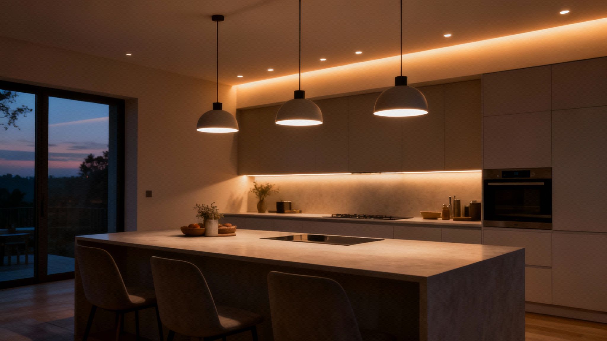 Modern kitchen at dusk with island, pendant lights, and warm ambient lighting.