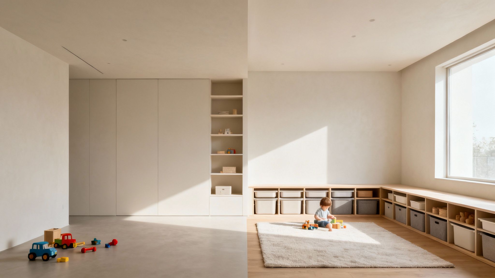 A minimalist playroom with a child playing on a rug, ample toy storage, and bright natural light.