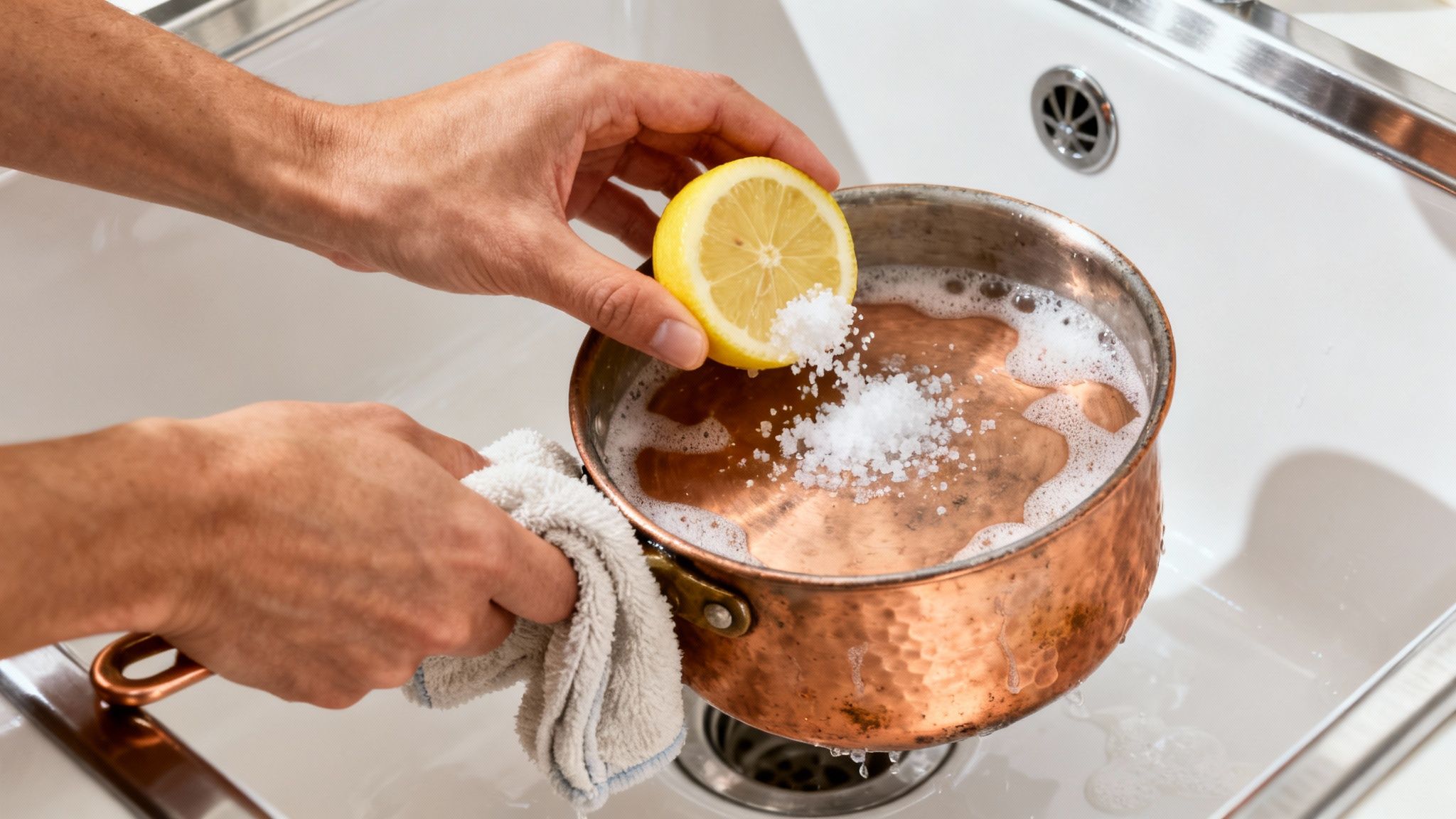 Hands are cleaning a hammered copper pot using lemon and salt in a white kitchen sink.
