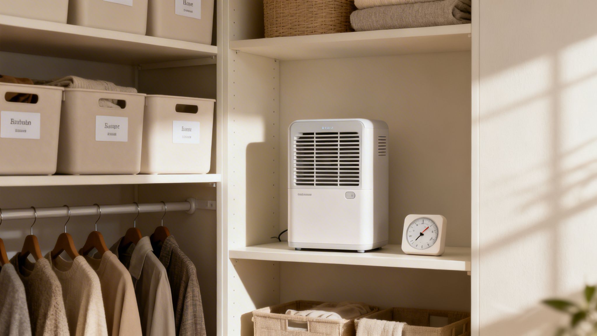 Neatly organized closet with shelves, hanging clothes, labeled storage bins, a dehumidifier, and a clock.