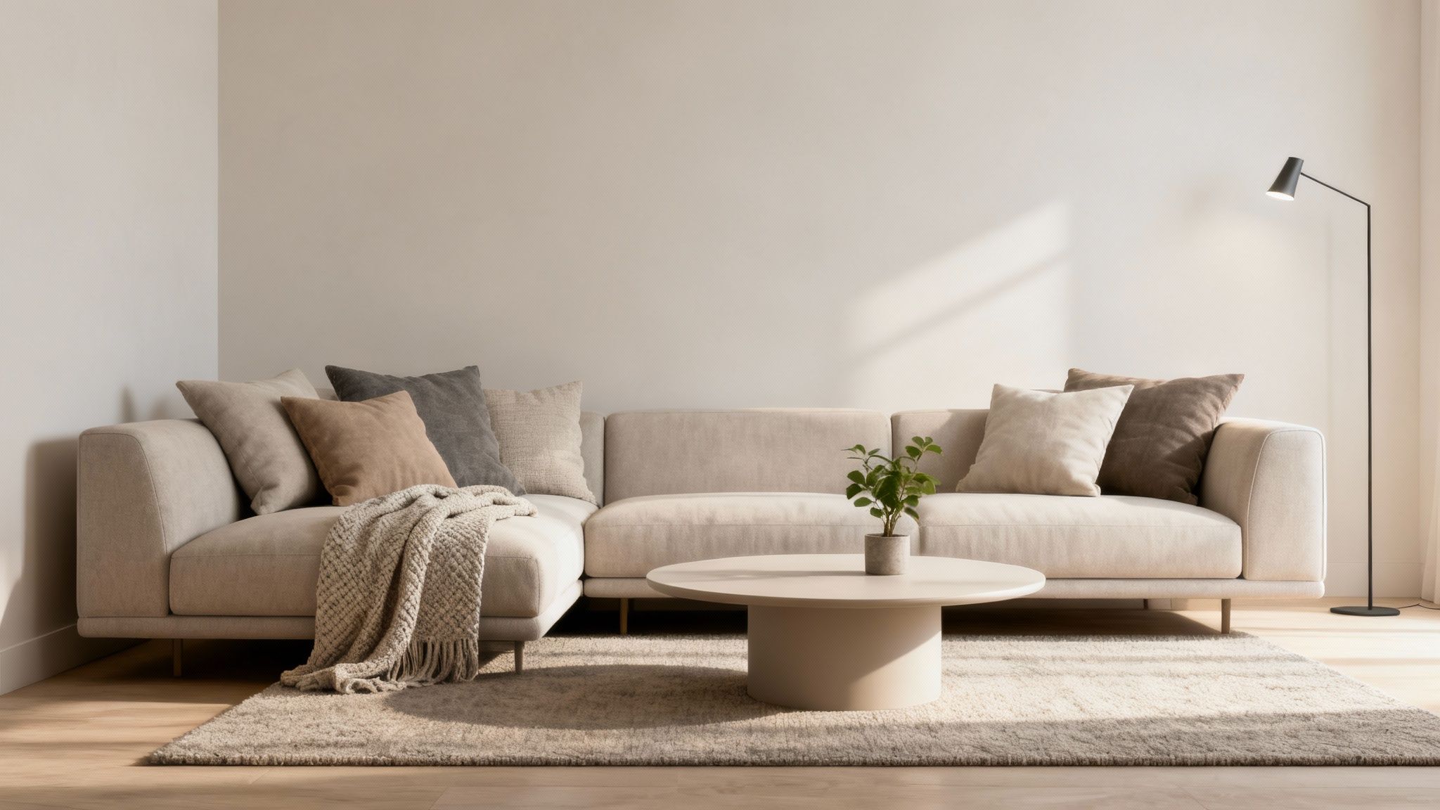 A cozy and modern living room featuring a light-colored sectional sofa, coffee table, and floor lamp.