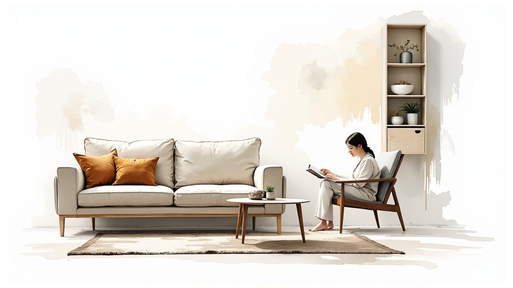 A cozy, well-arranged small living room with a neutral-colored sofa, accent chair, and a round coffee table on a large area rug.