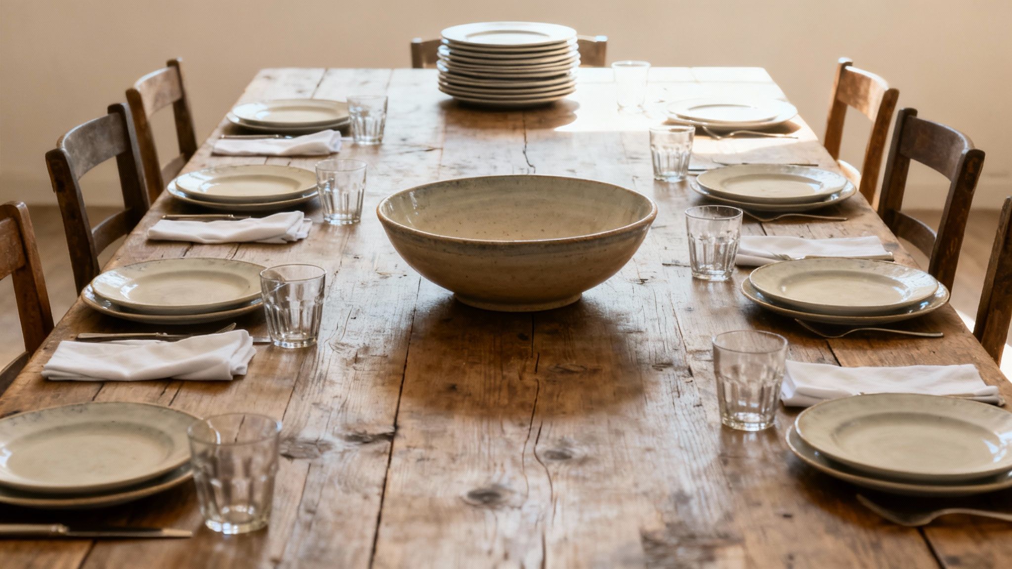 A rustic wooden dining table is casually set with plates, glasses, napkins, and a large serving bowl.