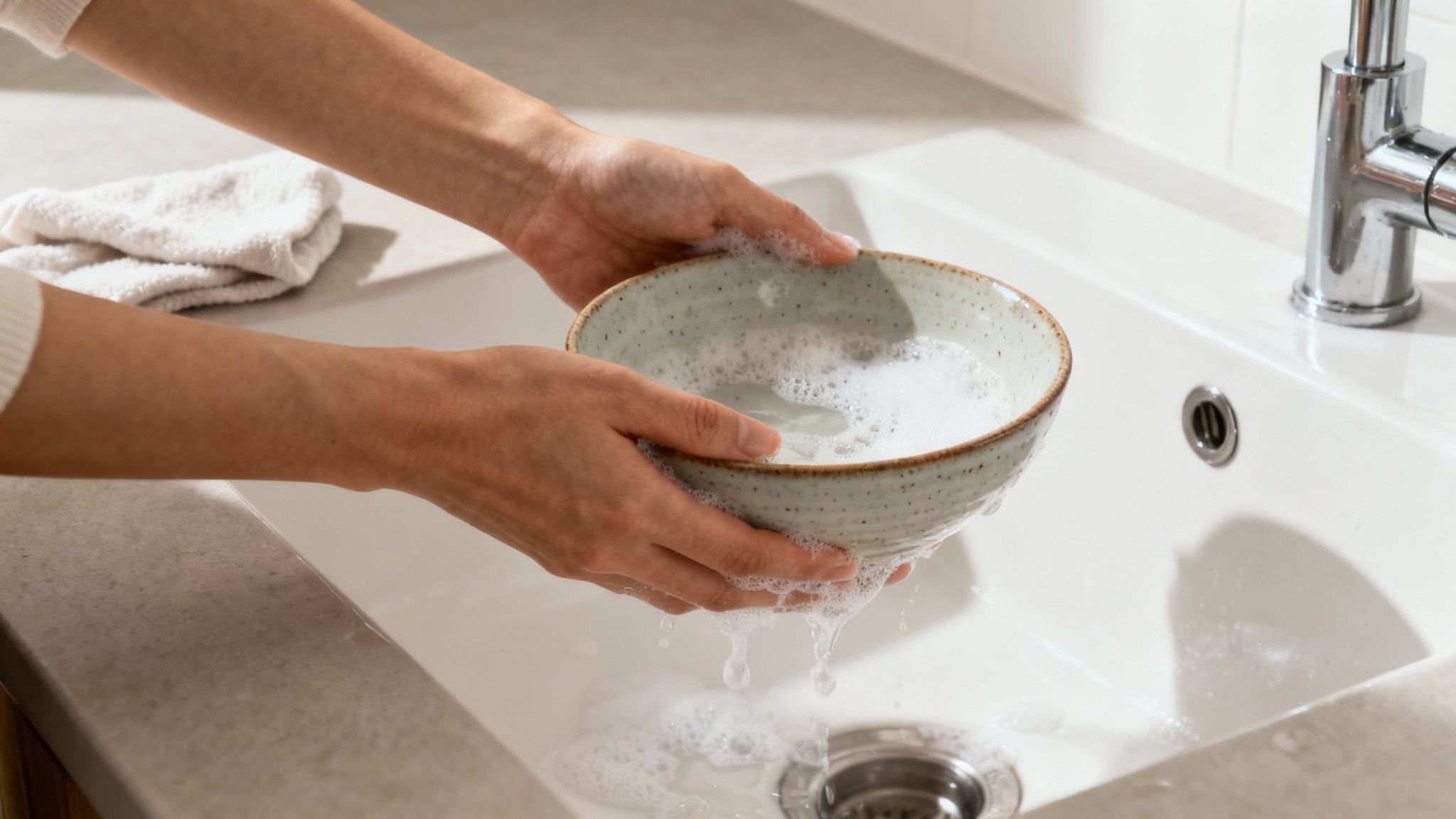 A stack of clean, beautifully crafted stoneware plates and bowls.