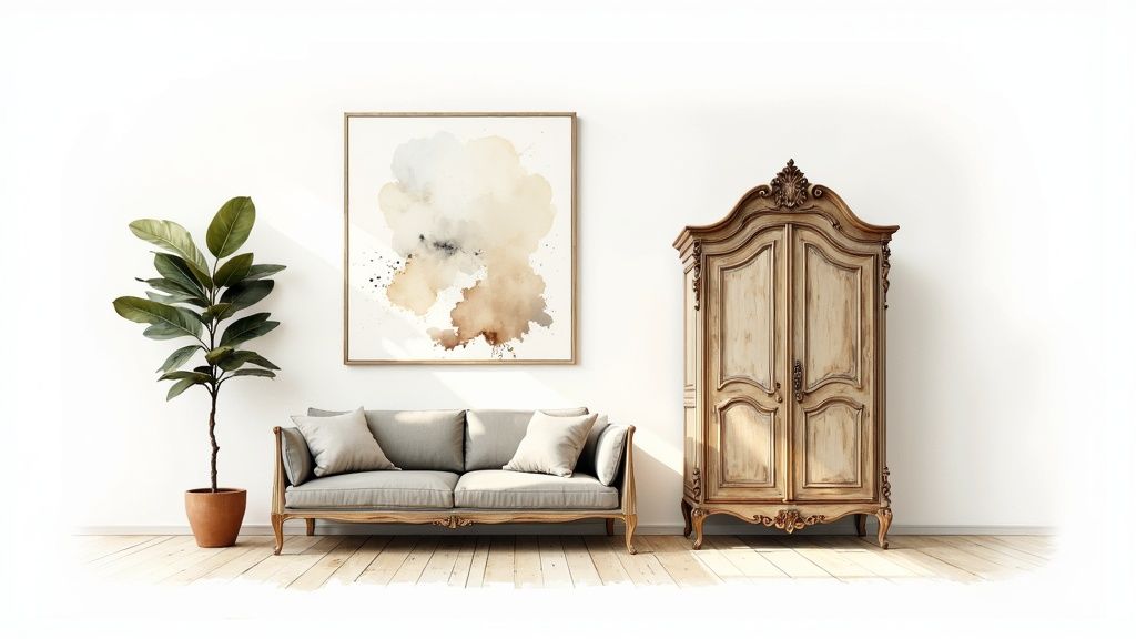 A modern living room featuring a classic European style sofa, balanced with contemporary decor elements like a sleek coffee table and minimalist art.