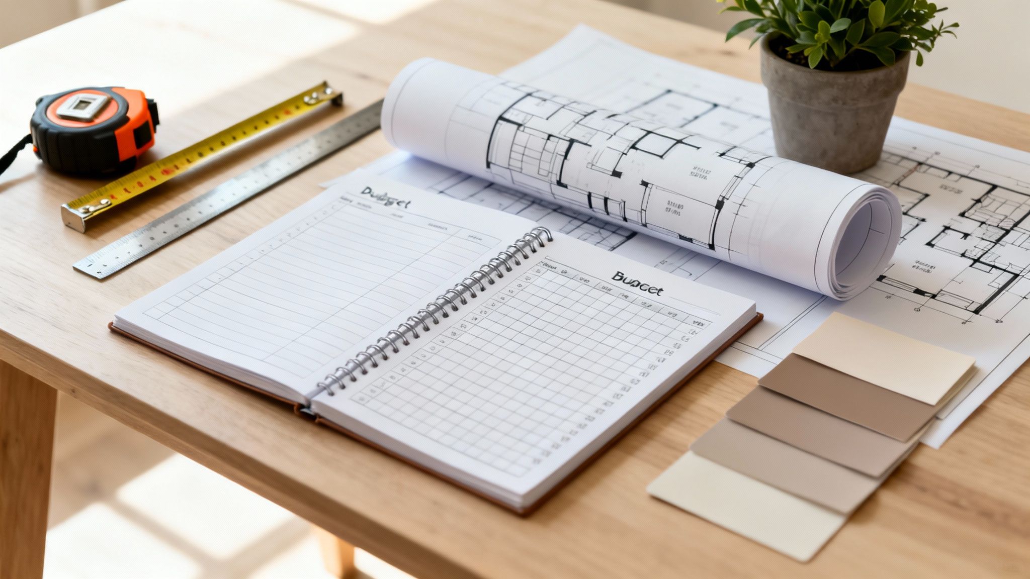 Planning tools for furnishing a new home: blueprints, budget, measuring tape, and color swatches.