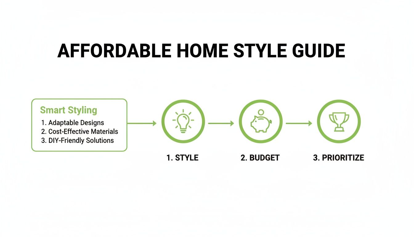 An affordable home style guide flow chart detailing smart styling, style, budget, and prioritization steps.
