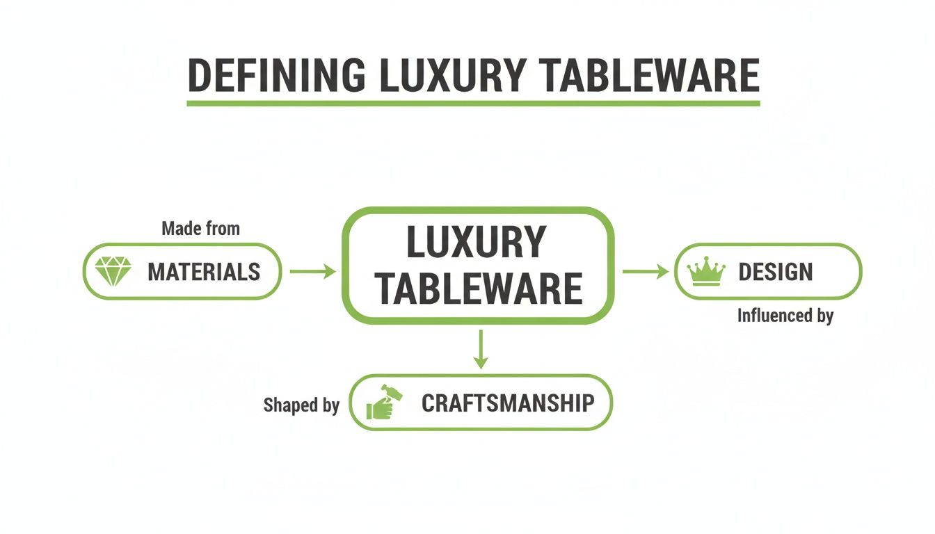 Diagram illustrating how luxury tableware is defined by materials, craftsmanship, and design.