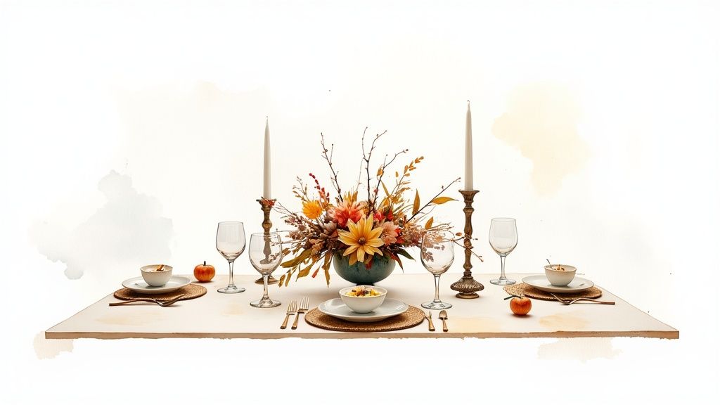 A beautiful dining table centerpiece with low flowers and candles