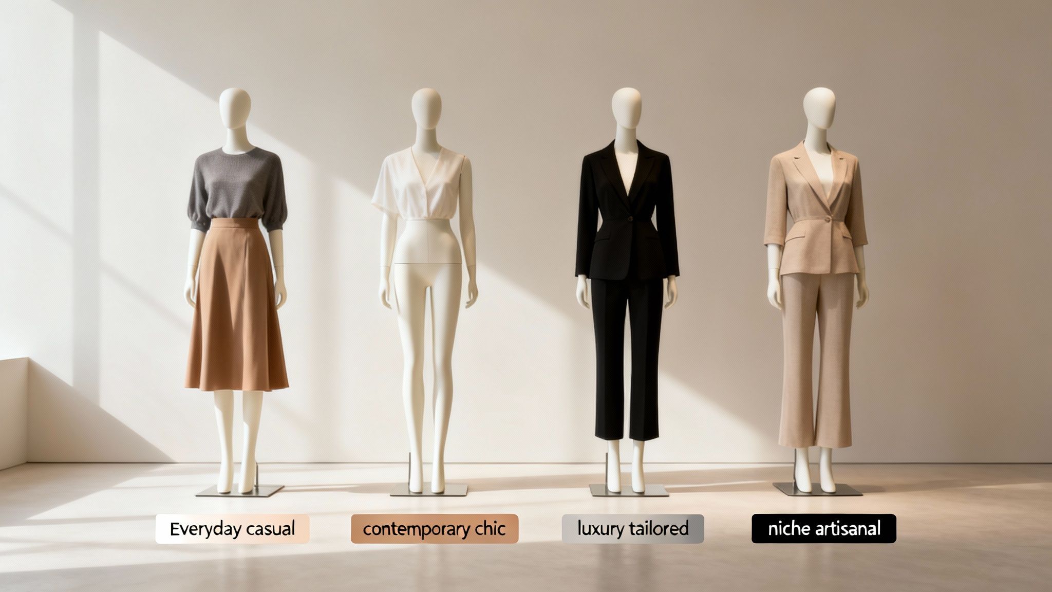 Four mannequins showcase diverse women's fashion styles including casual, chic, tailored, and artisanal outfits.