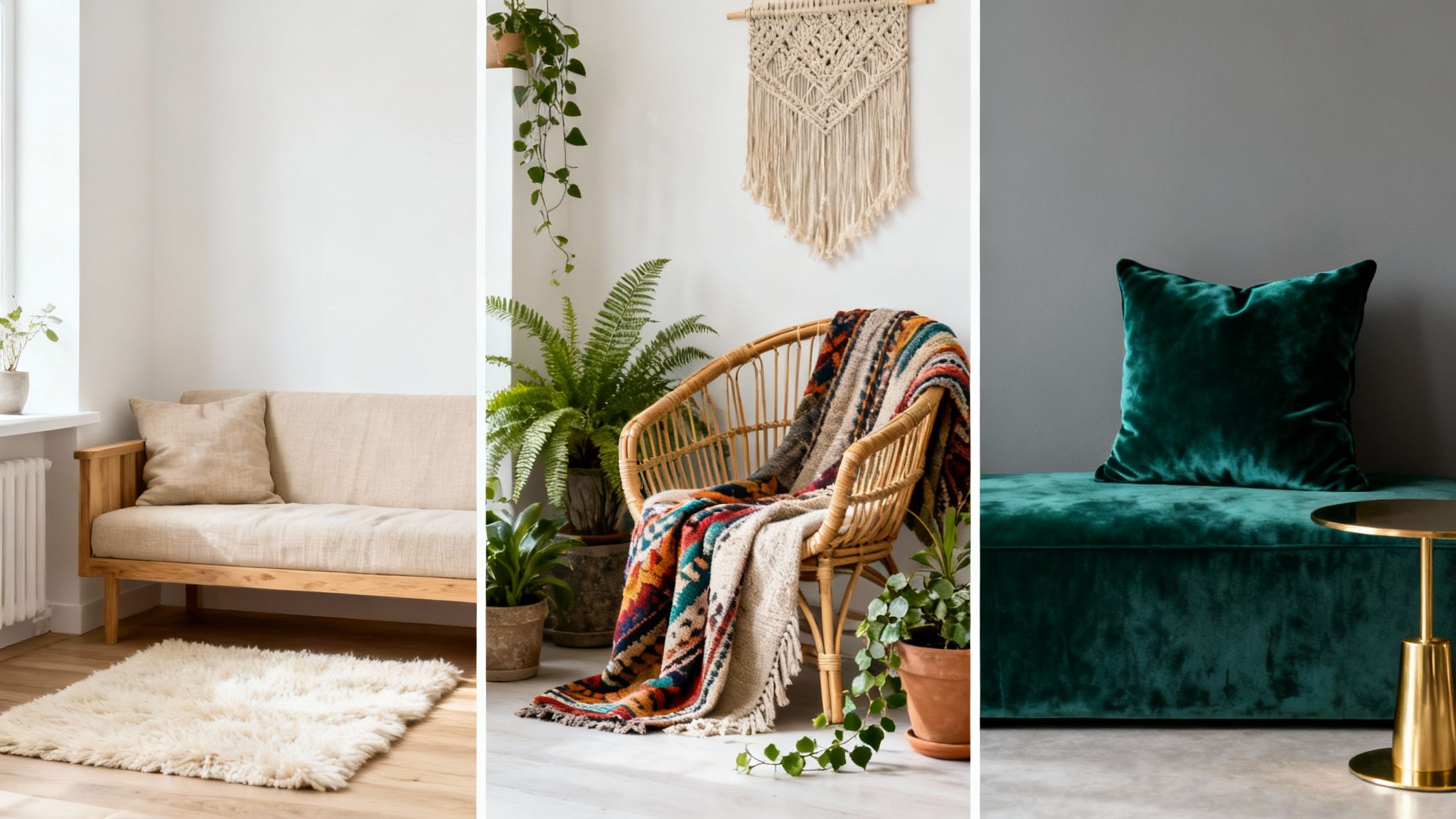 Diverse home interiors with a beige sofa, a rattan chair draped in blankets, and a velvet green bench.