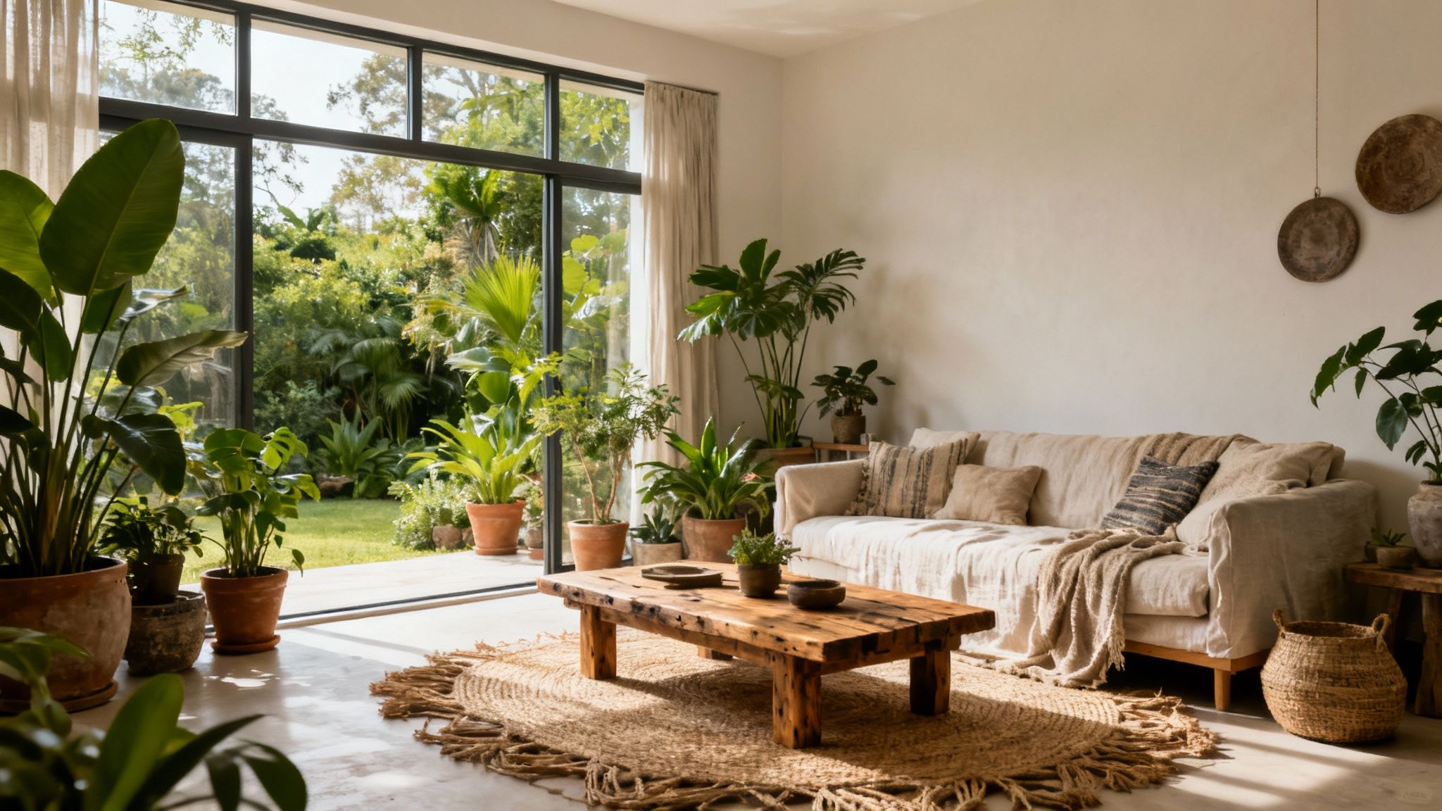 A serene living room with large windows, natural materials, and abundant greenery.