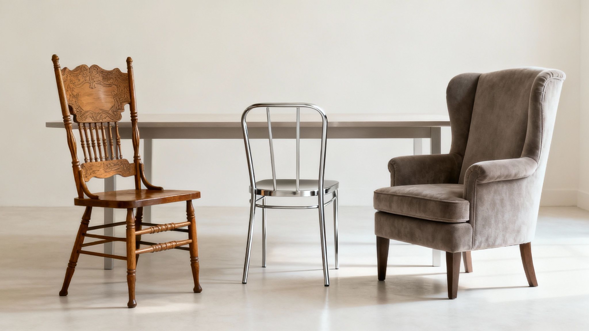 Close-up of different dining chair materials, including wood, metal, and upholstered fabric, arranged in a visually appealing composition.