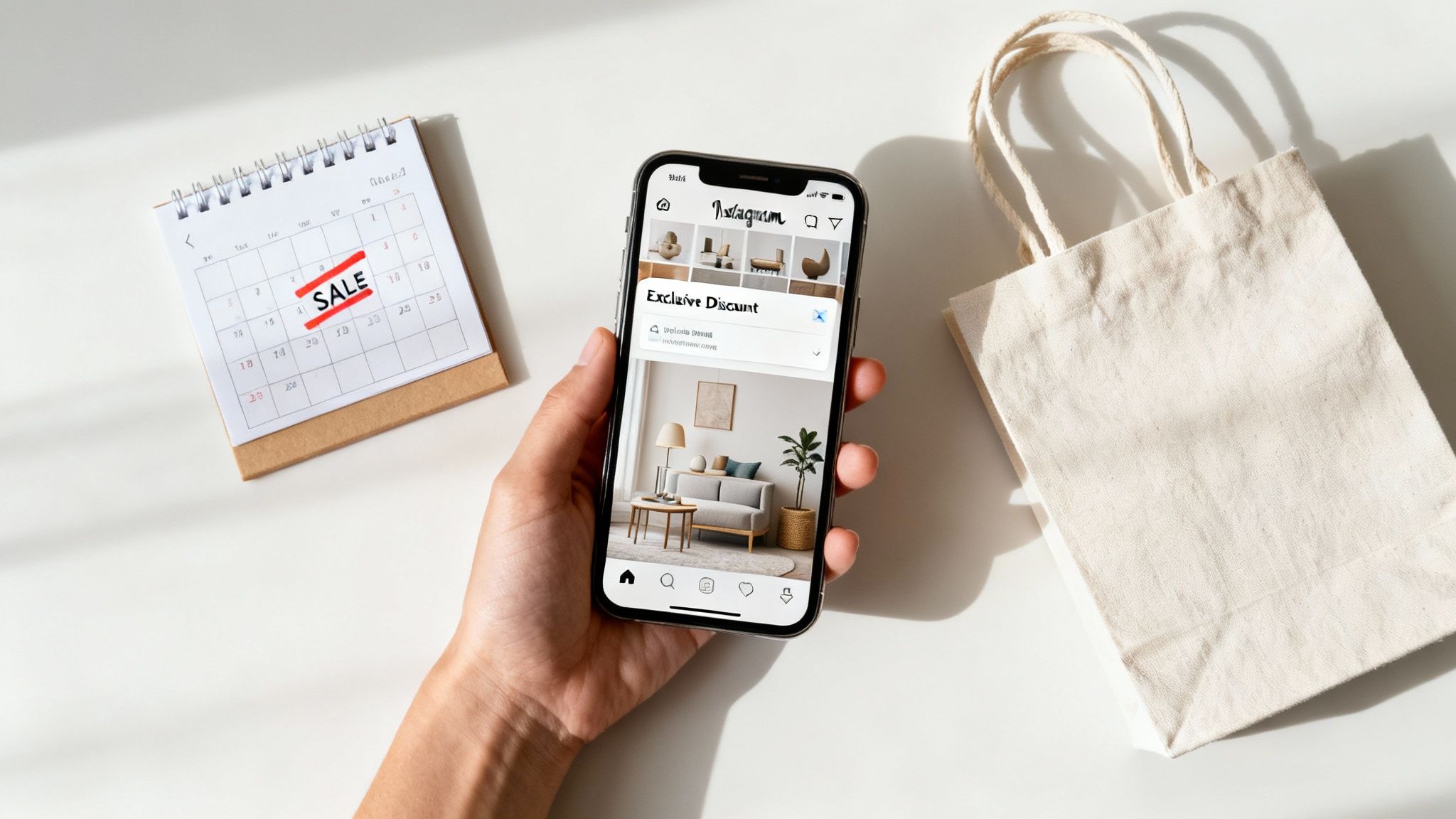 A person holds a smartphone showing home decor on Instagram with a discount, next to a calendar with 'SALE' and a tote bag.