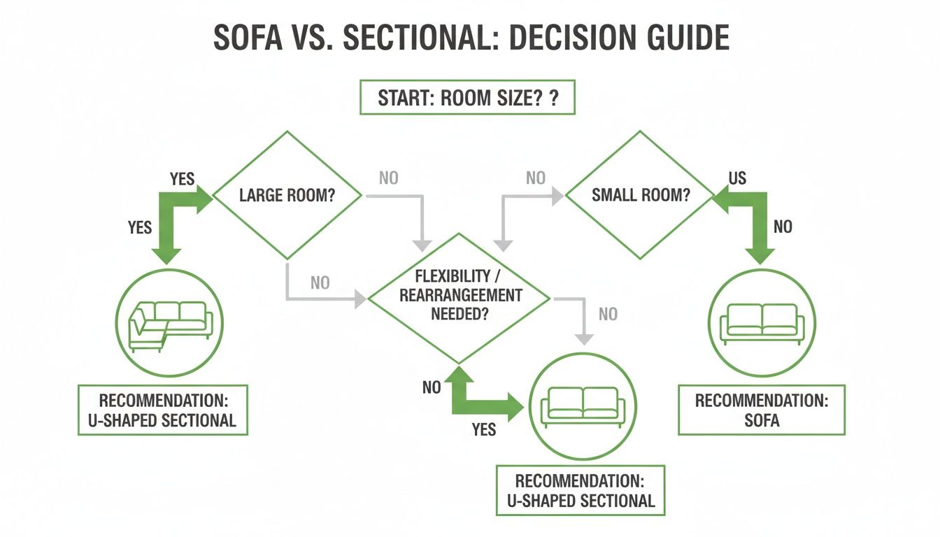 A Fluent Trends decision guide flowchart for selecting between a sofa and a modular sectional based on room dimensions and lifestyle flexibility.
