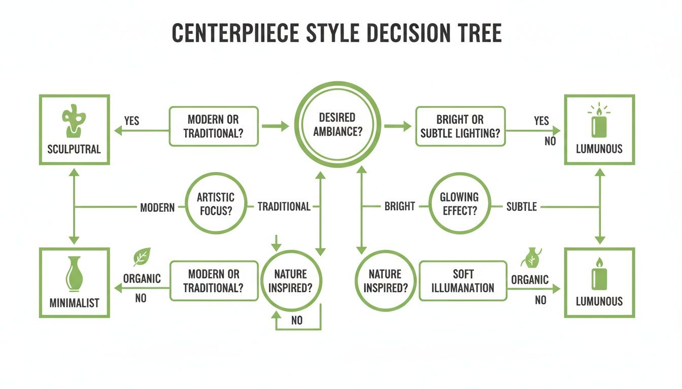 A flowchart titled 'Centerpiece Style Decision Tree' guiding choices for centerpiece design, leading to sculptural, minimalist, or luminous styles.